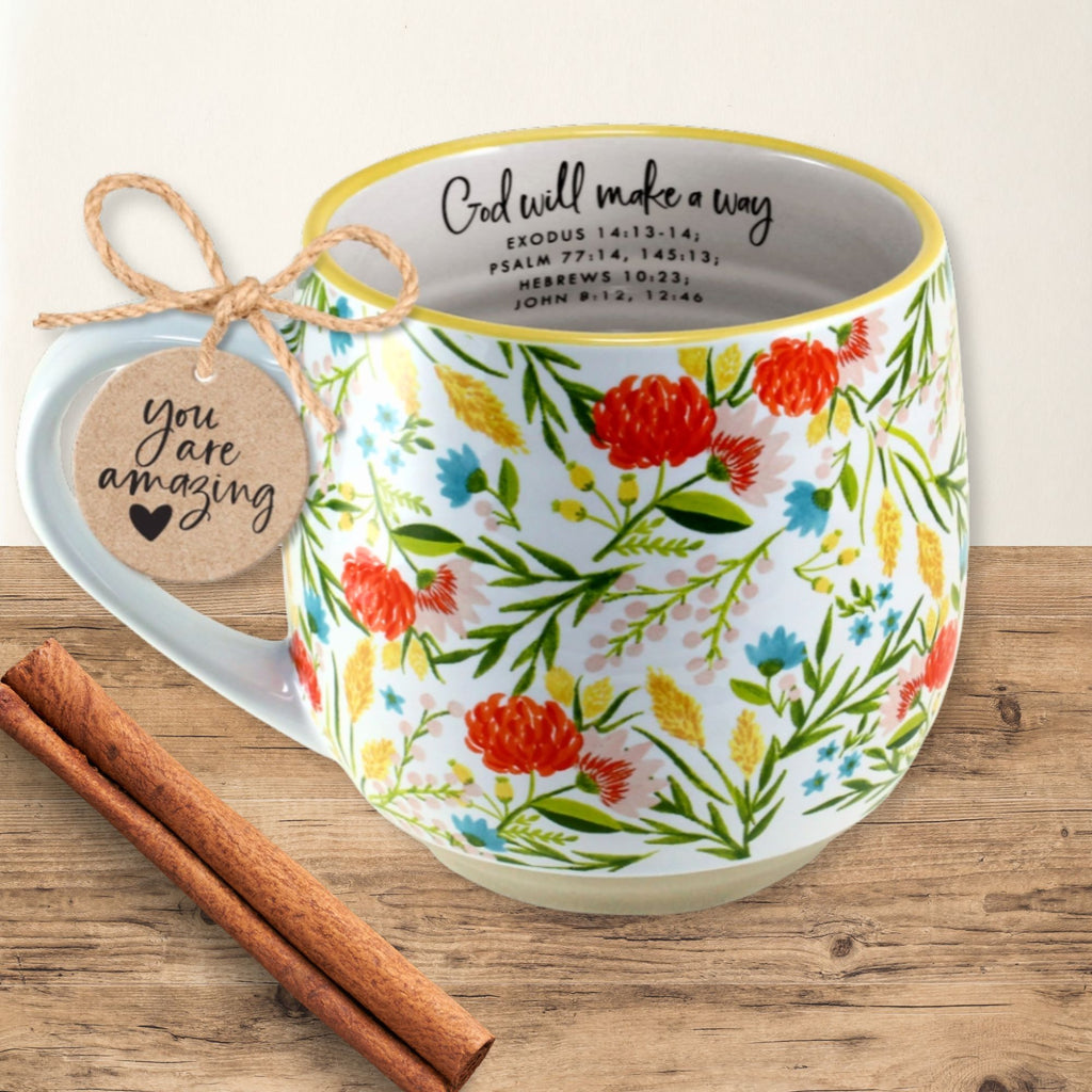 God Will Make a Way floral mug with You Are Amazing gift tag and yellow rim