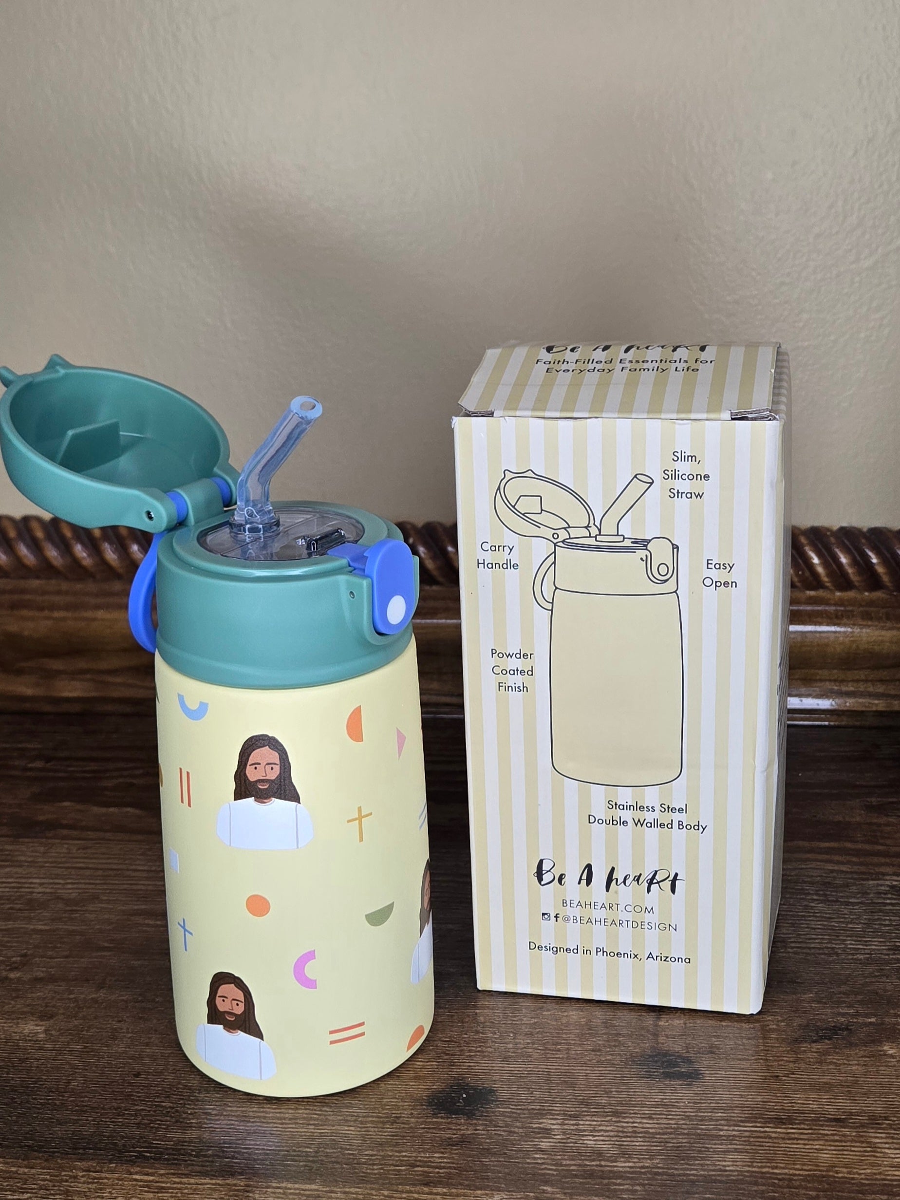 Jesus water bottle green yellow with Be A Heart packaging box