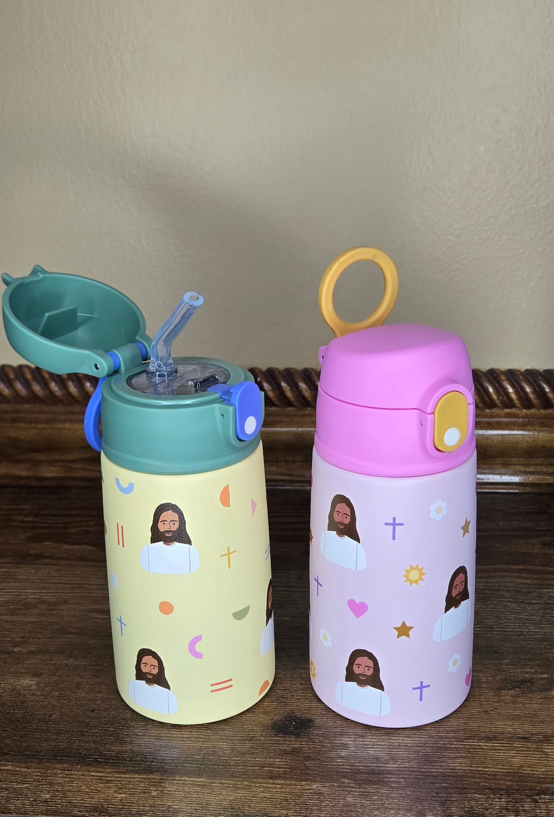 Jesus stainless steel water bottle pink and green yellow colors