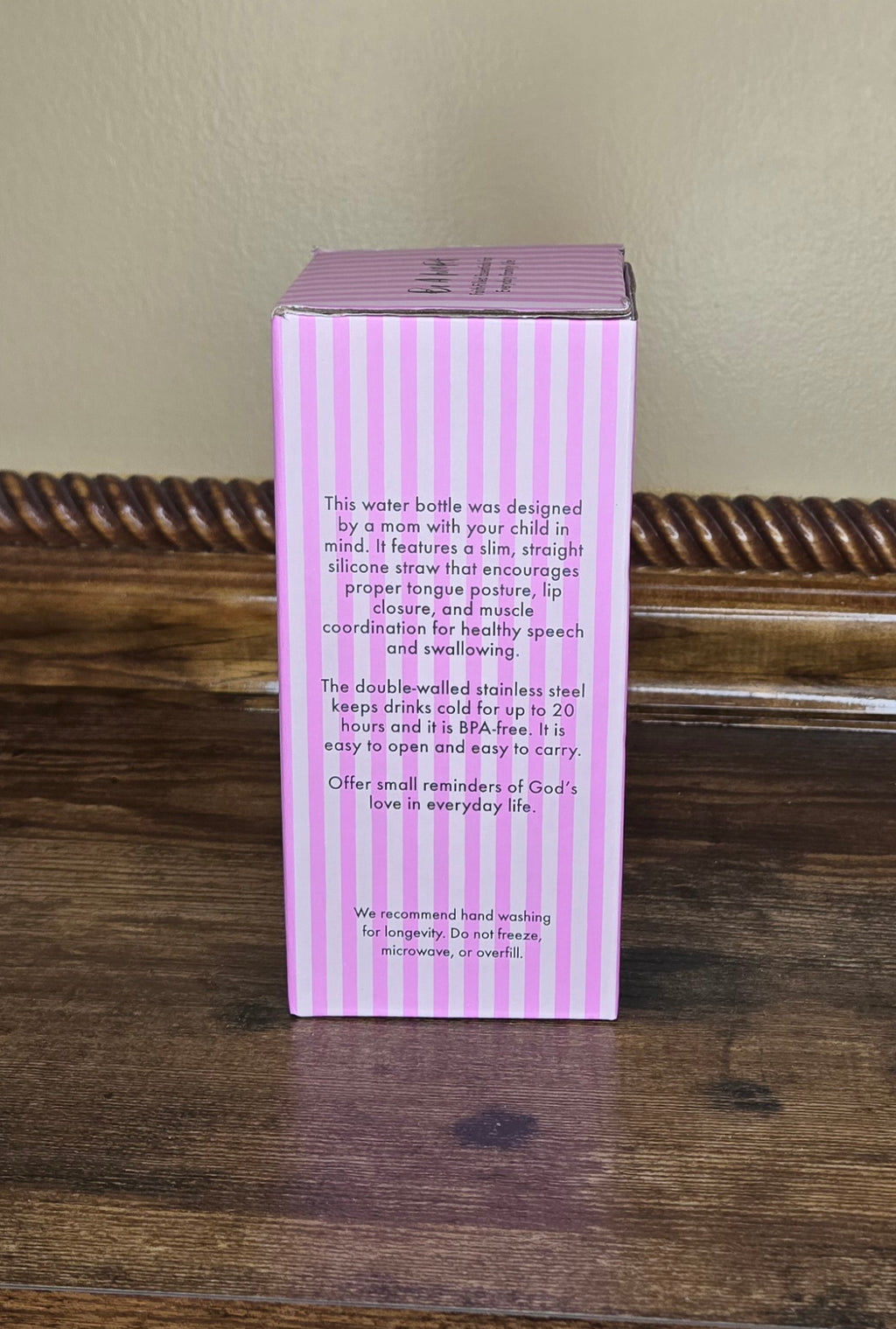 Be A Heart Jesus water bottle packaging back with product details
