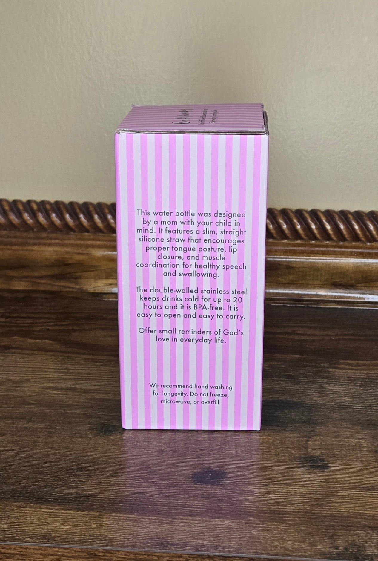 Be A Heart Jesus water bottle packaging back with product details