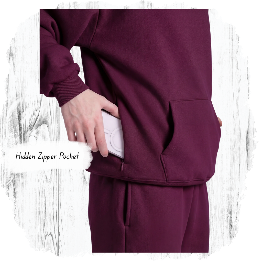 GLO Forgiven Hoodie Plum hidden zipper pocket detail