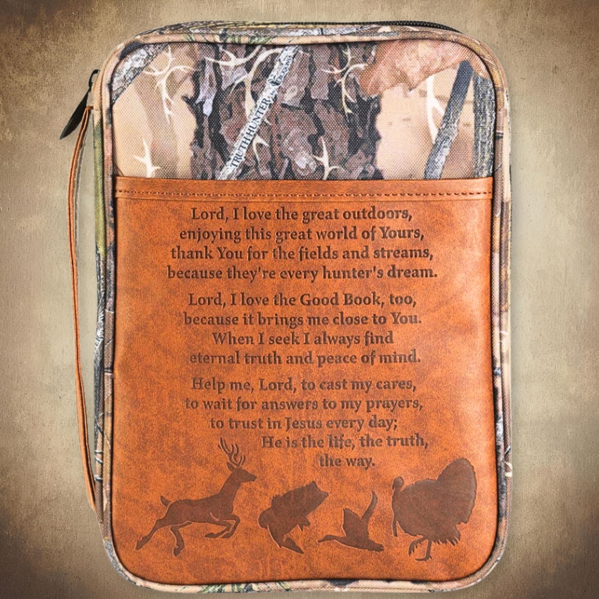 Hunters Prayer Bible Case front view with embossed leather prayer panel and wildlife silhouettes