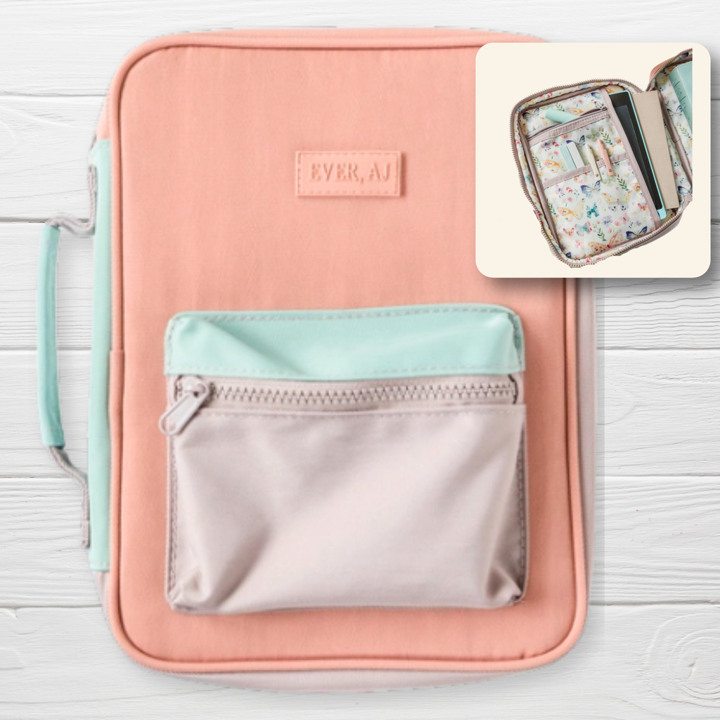 Butterfly Garden Bible Bag exterior - blush pink with mint accents and front zipper pocket