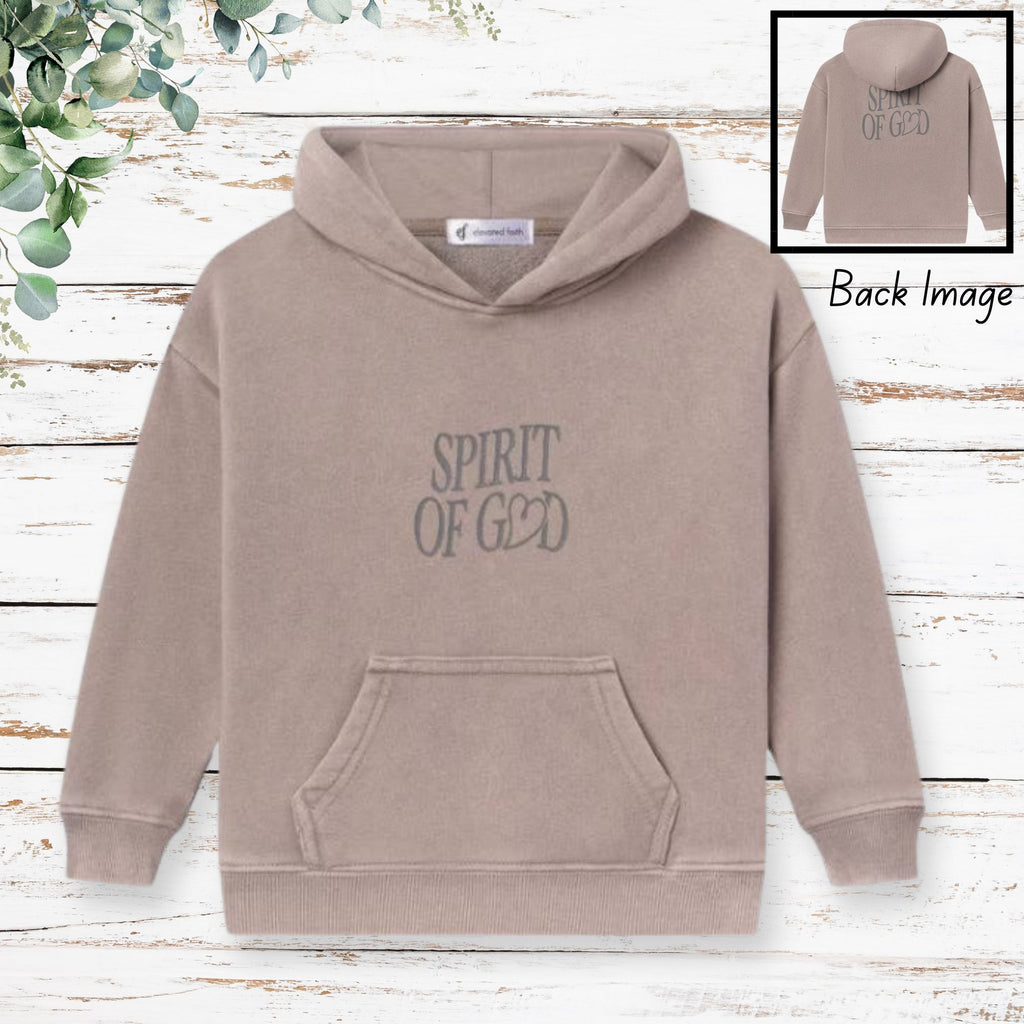 Spirit of God Children's Hoodie - front flat lay with back image inset showing taupe hoodie