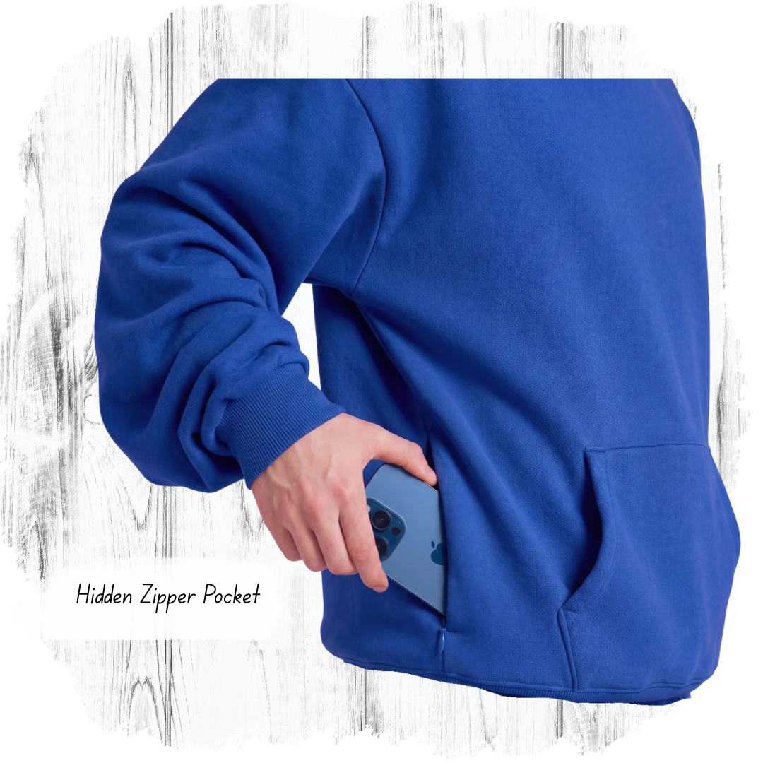 GLO Kingdom Essential Hoodie Royal Blue hidden zipper pocket detail