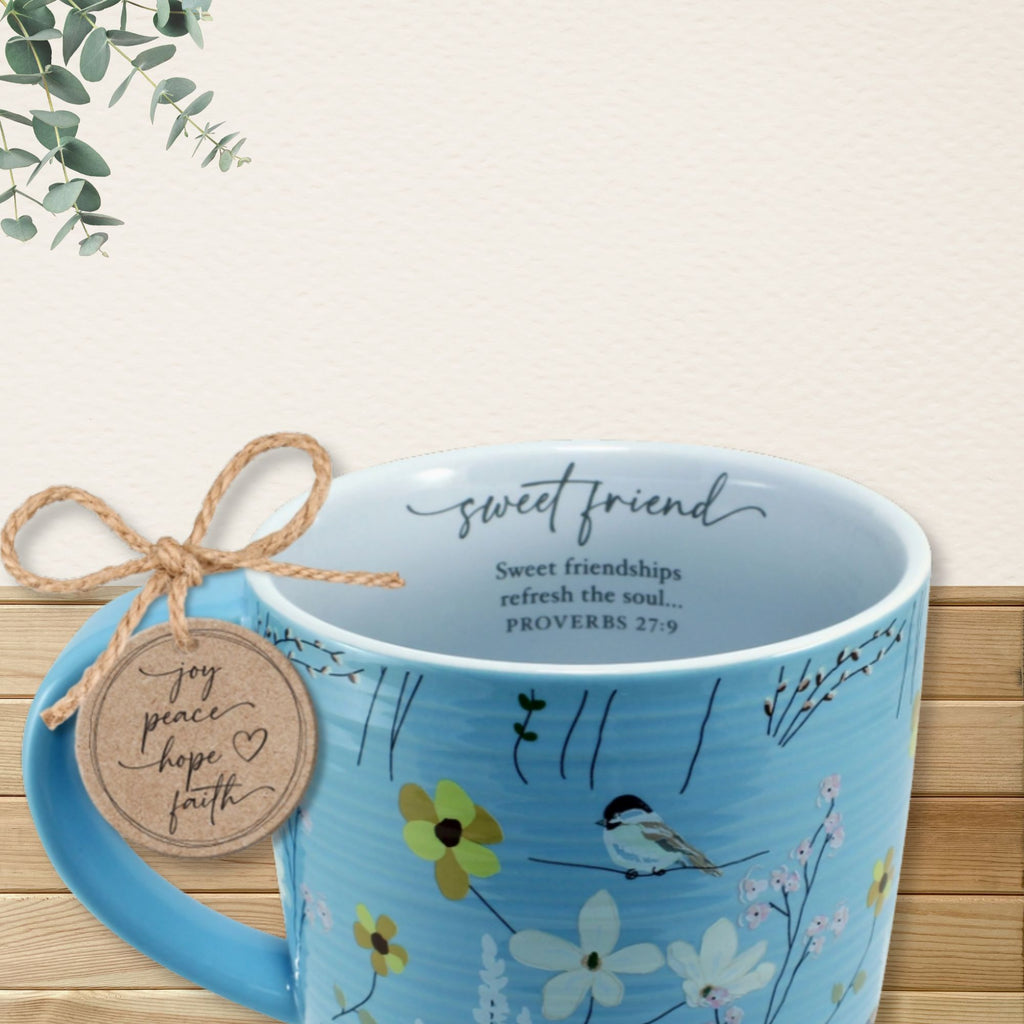 Sweet Friend mug interior showing Proverbs 27:9 scripture - Sweet friendships refresh the soul