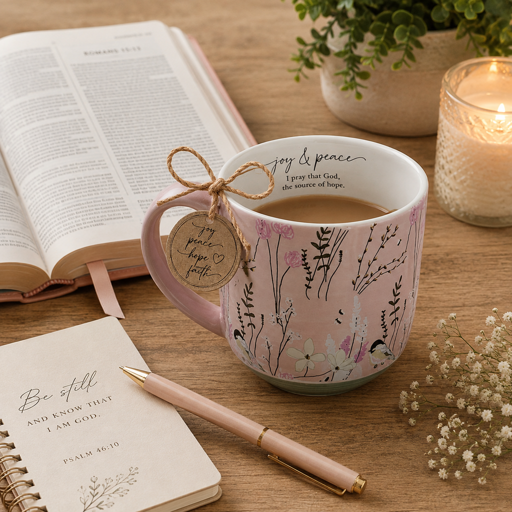 Joy and Peace mug styled with open Bible, Be Still journal, candle, and wildflowers