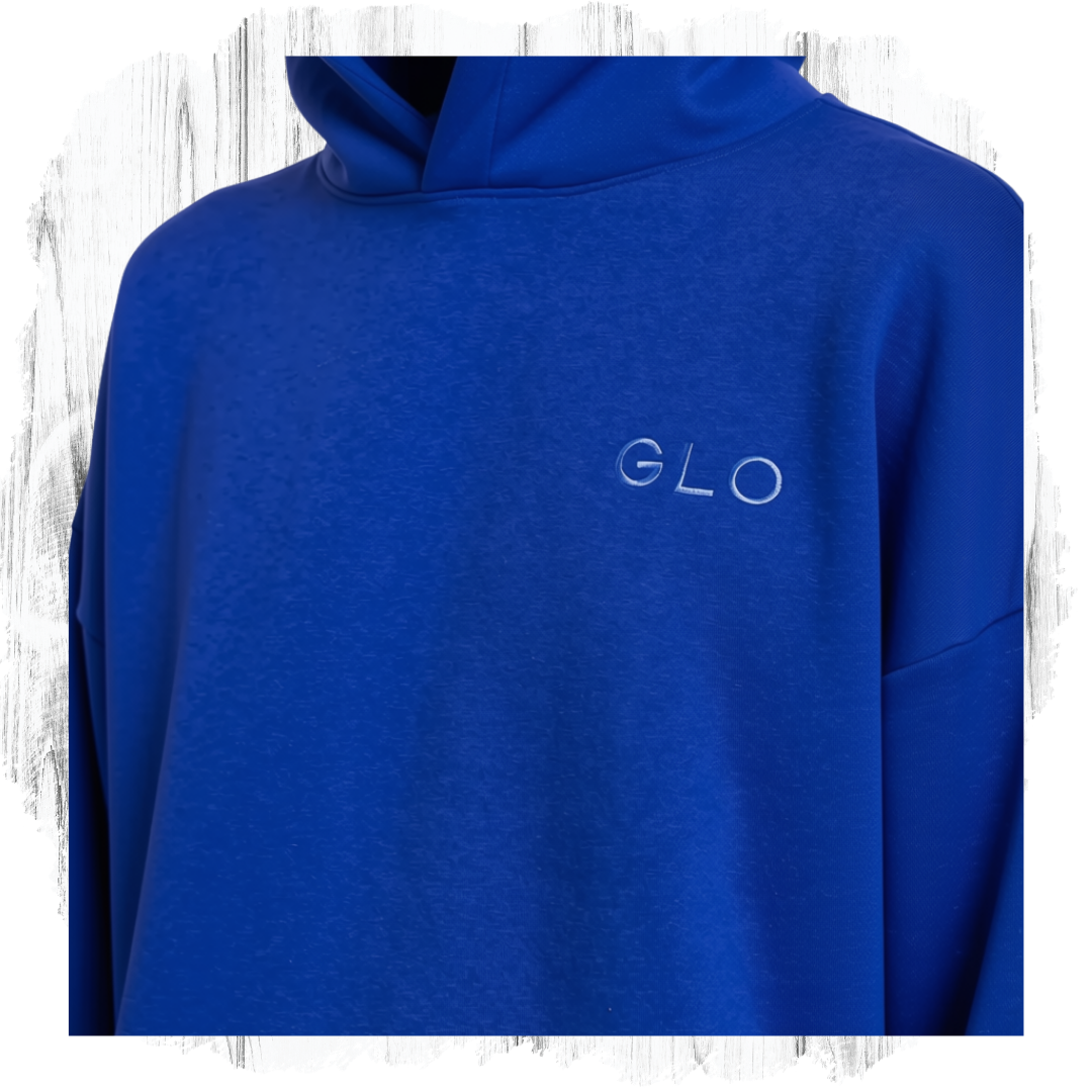 GLO Kingdom Essential Hoodie Royal Blue front view with embroidered GLO logo