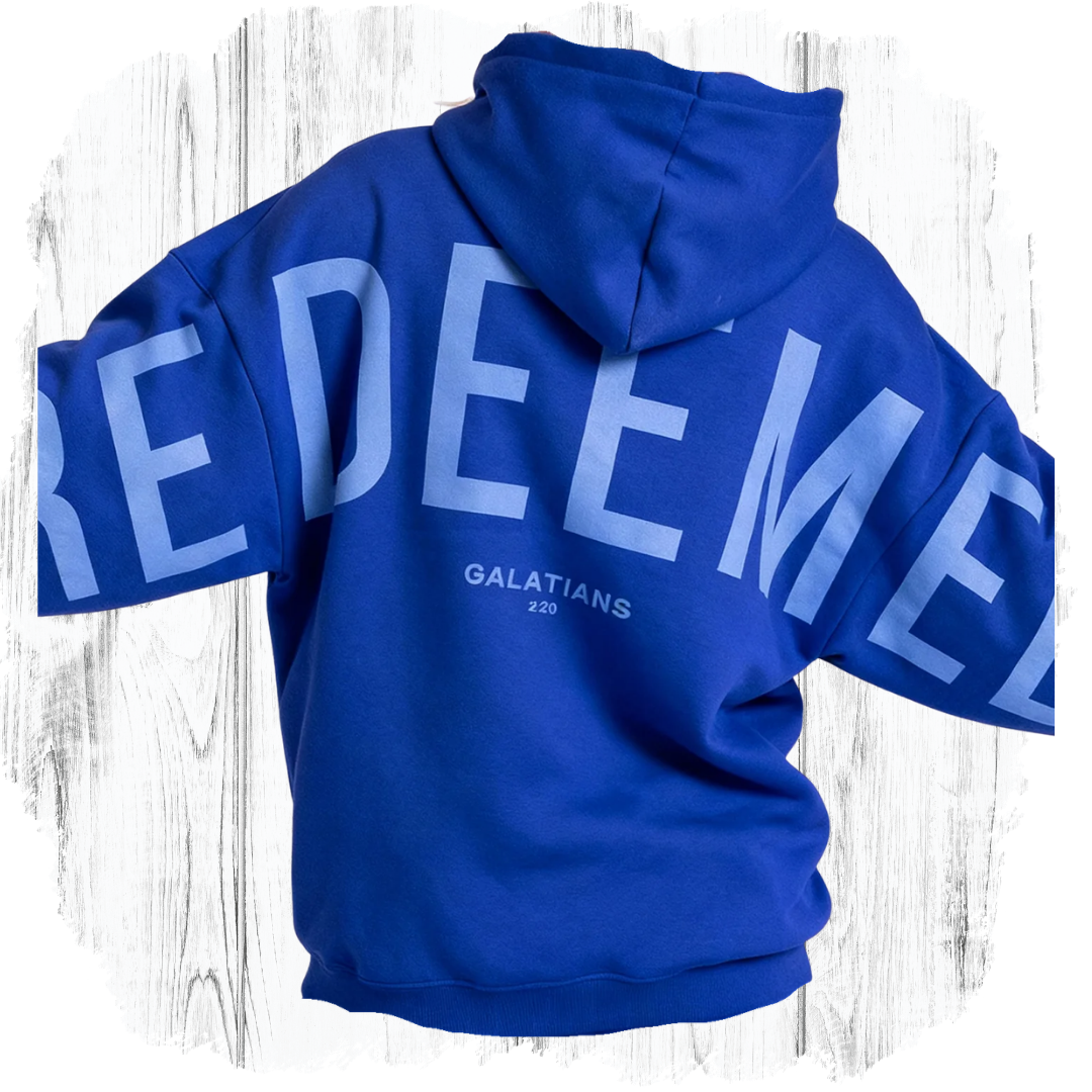 GLO Kingdom Essential Hoodie Royal Blue back view showing REDEEMED lettering and Galatians 2:20