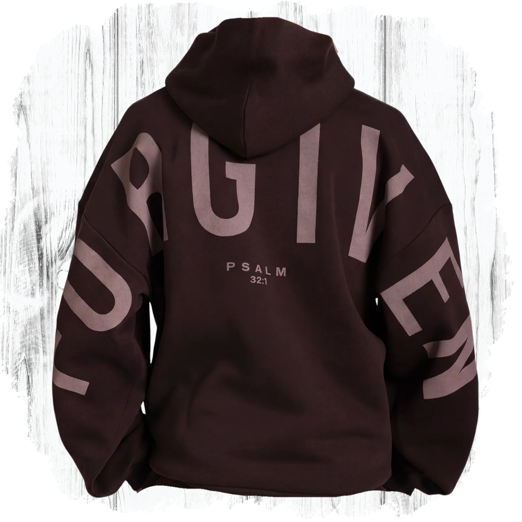 GLO Forgiven Hoodie Coffee Bean back view showing FORGIVEN lettering and Psalm 32:1