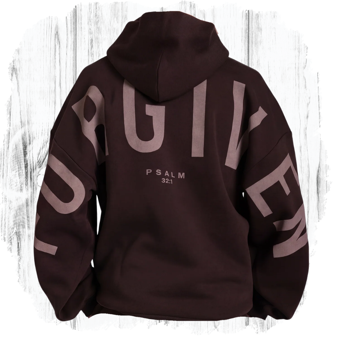 GLO Forgiven Hoodie Coffee Bean back view showing FORGIVEN lettering and Psalm 32:1