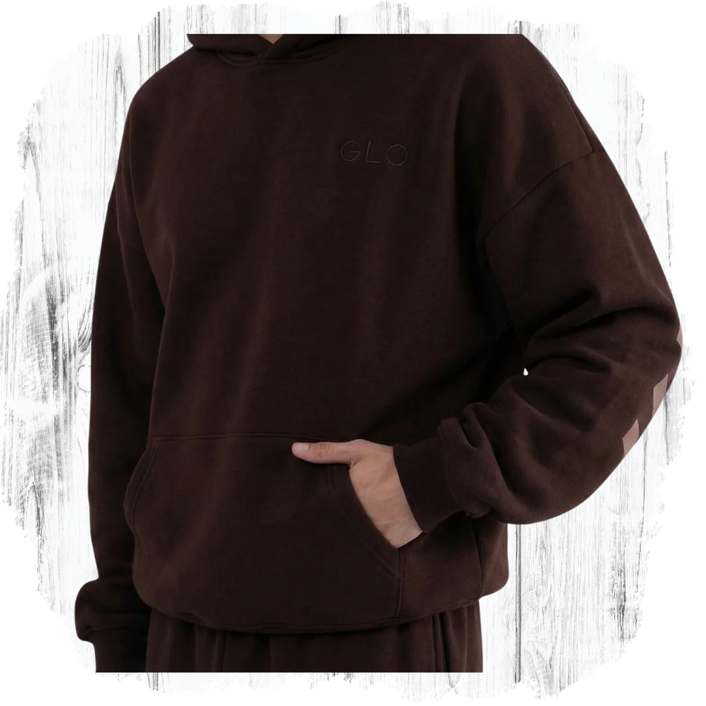 GLO Forgiven Hoodie Coffee Bean front view with embroidered GLO logo