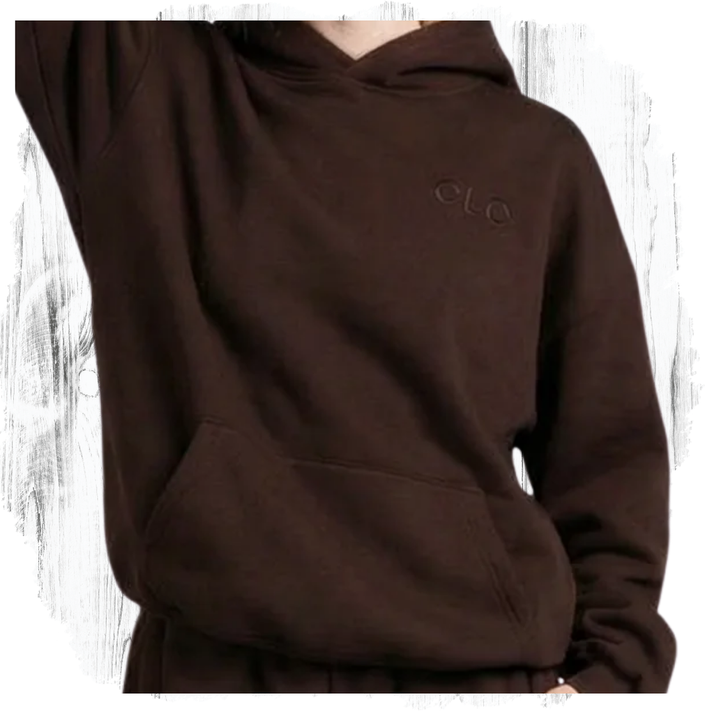 GLO Forgiven Hoodie Coffee Bean front angle view showing GLO logo detail