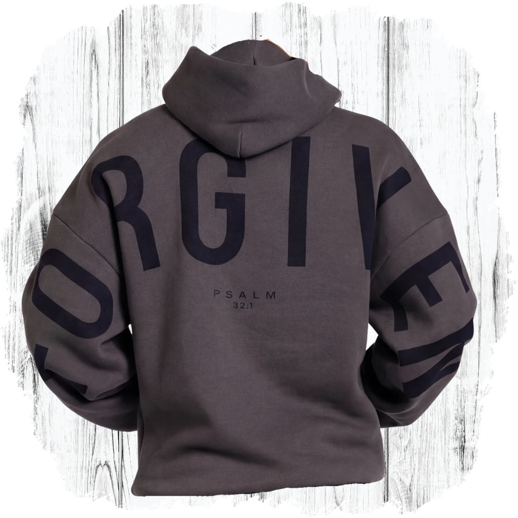 GLO Forgiven Hoodie Dark Shadow back view showing FORGIVEN lettering