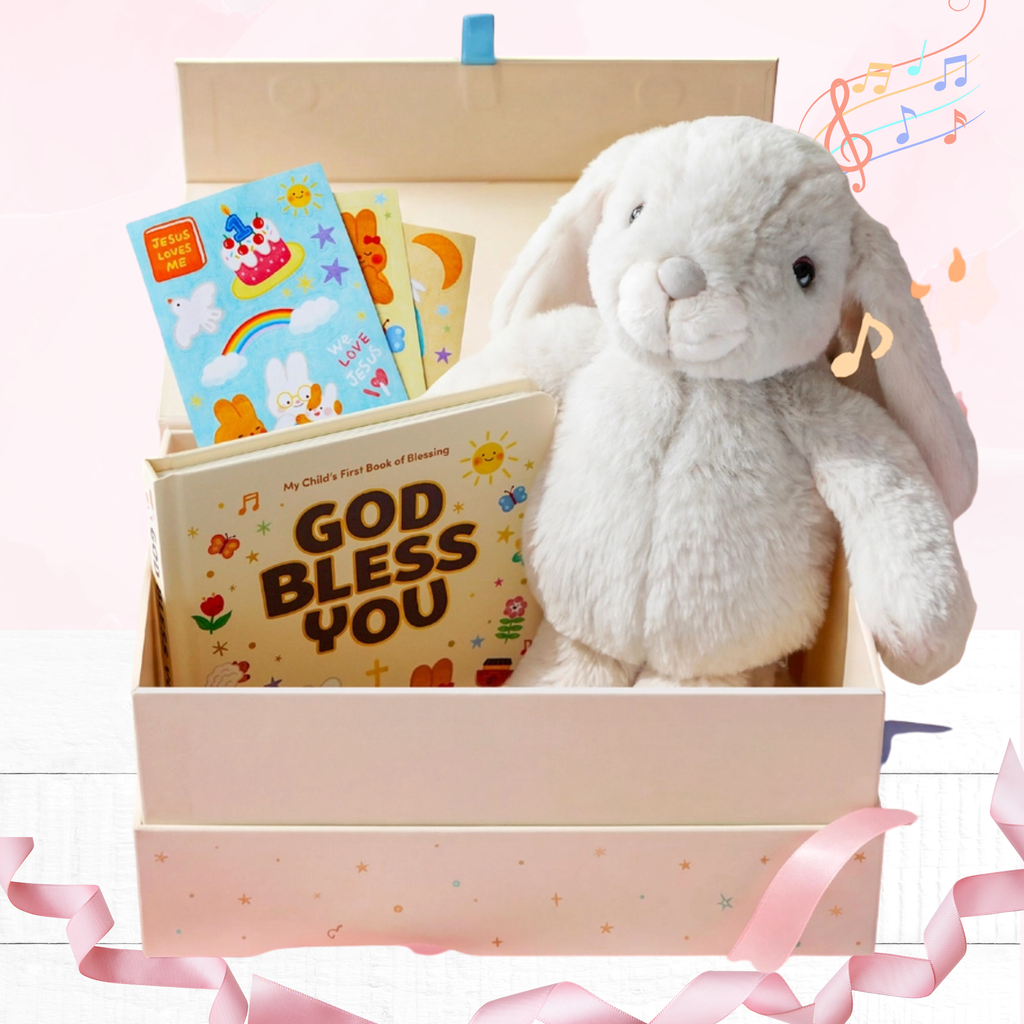 Praise Bunny Gift Set open keepsake box with plush bunny, God Bless You book, and blessing stickers