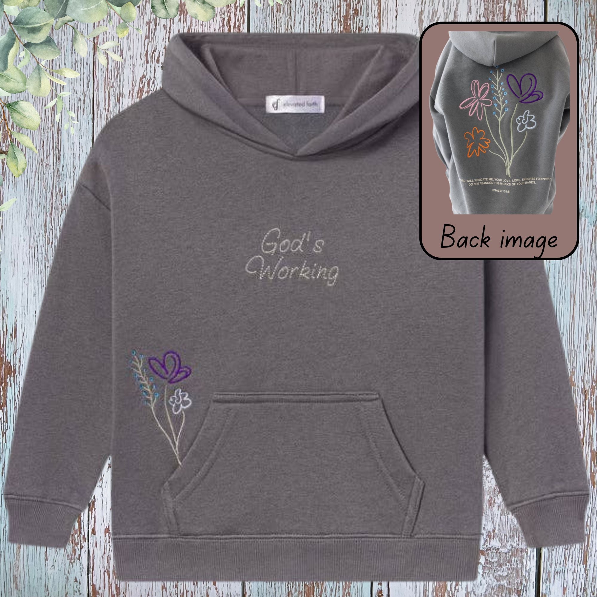 God's Working Children's Hoodie - front view with embroidered script and floral detail