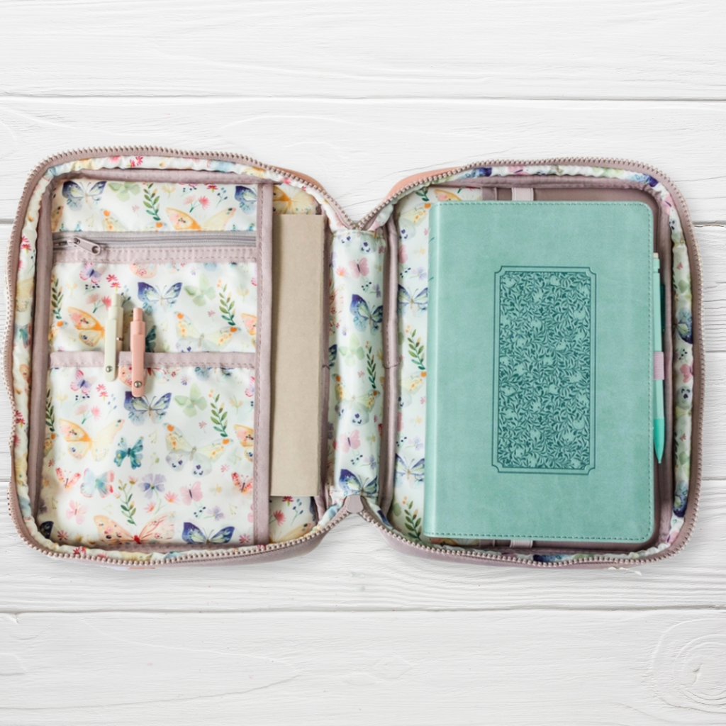 Butterfly Garden Bible Bag open interior showing floral lining and Bible