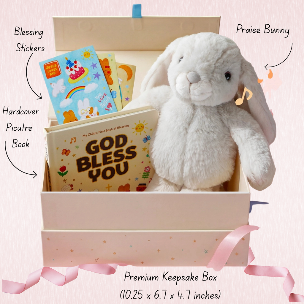 Praise Bunny Gift Set contents labeled - Praise Bunny, hardcover picture book, blessing stickers, premium keepsake box