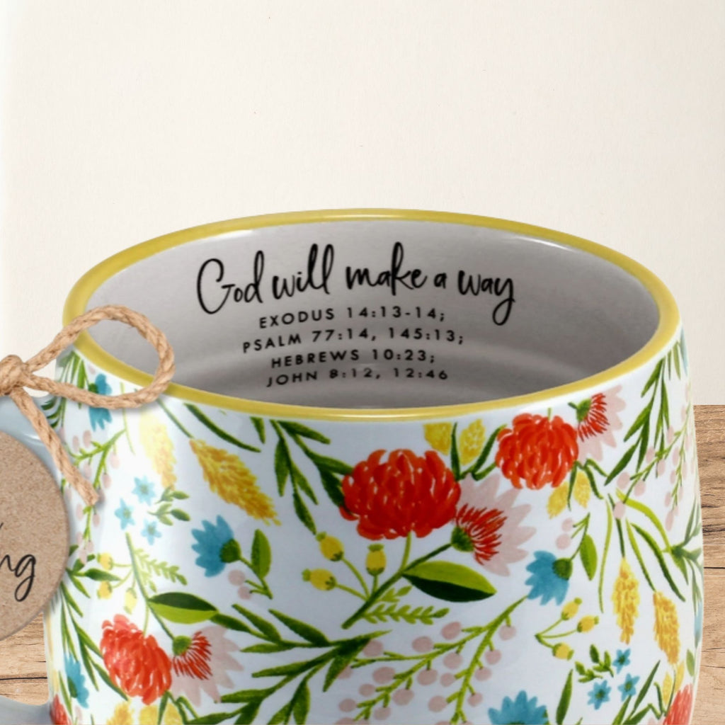 God Will Make a Way mug interior with scripture references - Exodus, Psalm, Hebrews, John