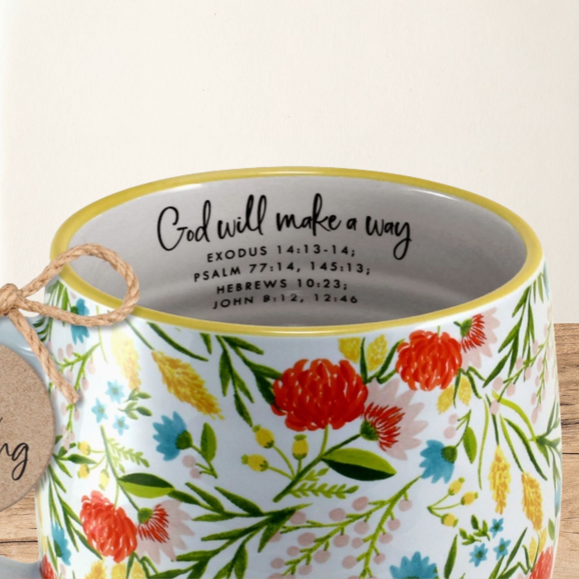God Will Make a Way mug interior with scripture references - Exodus, Psalm, Hebrews, John