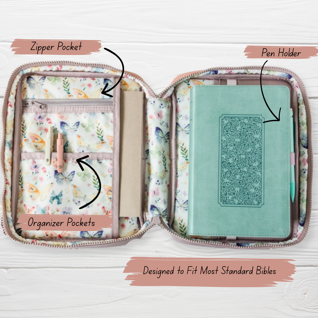 Butterfly Garden Bible Bag interior features - zipper pocket, organizer pockets, and pen holder