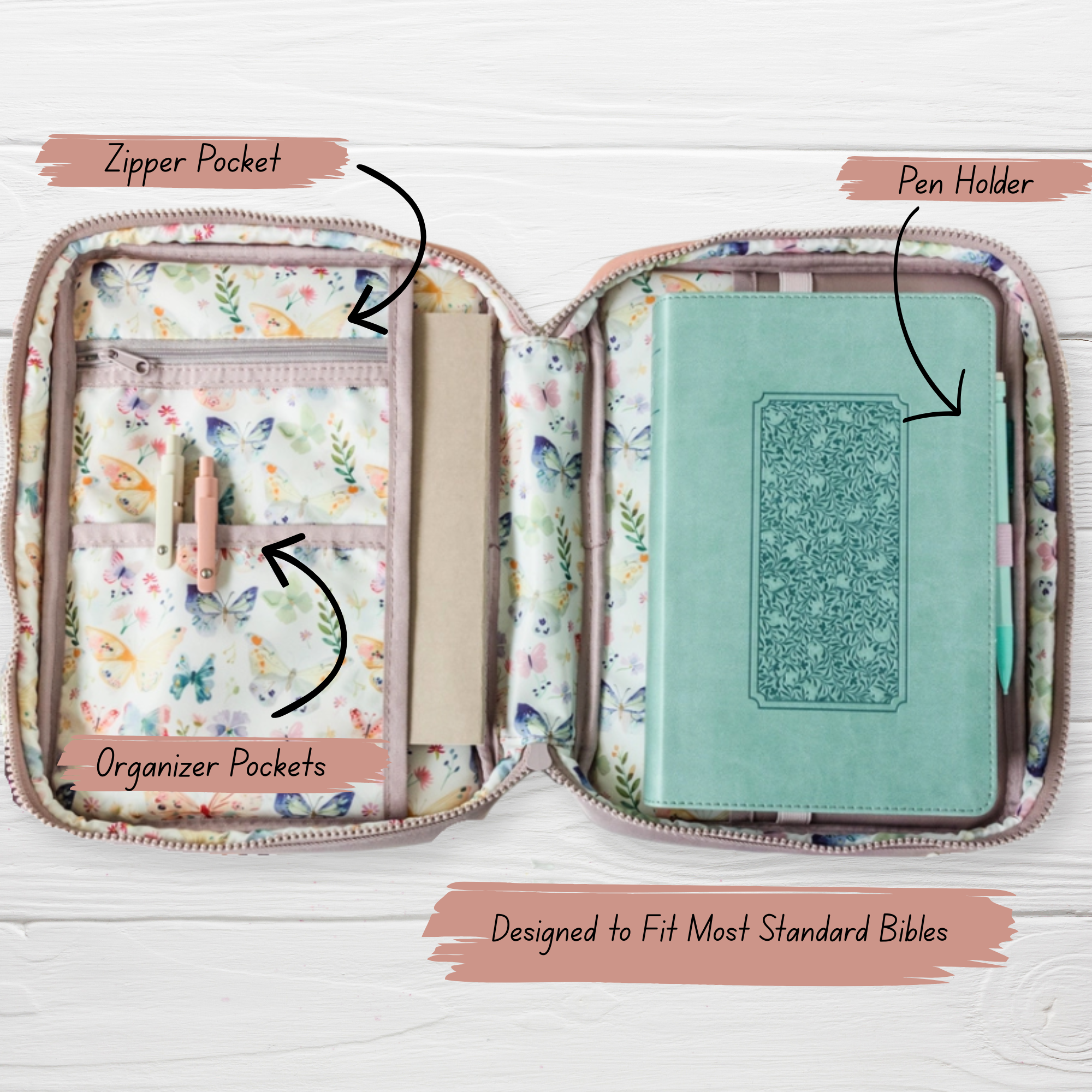 Butterfly Garden Bible Bag interior features - zipper pocket, organizer pockets, and pen holder