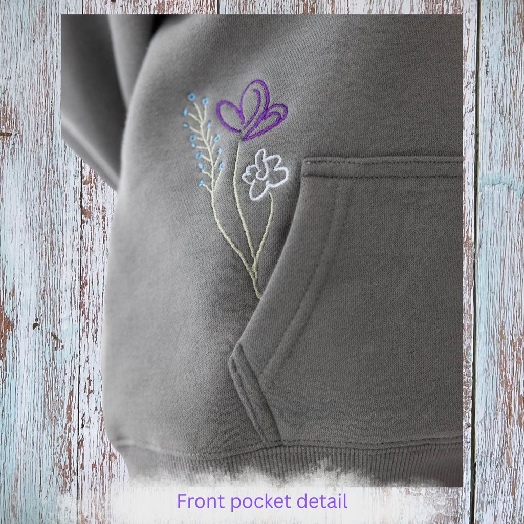 God's Working Children's Hoodie - front pocket embroidery detail closeup
