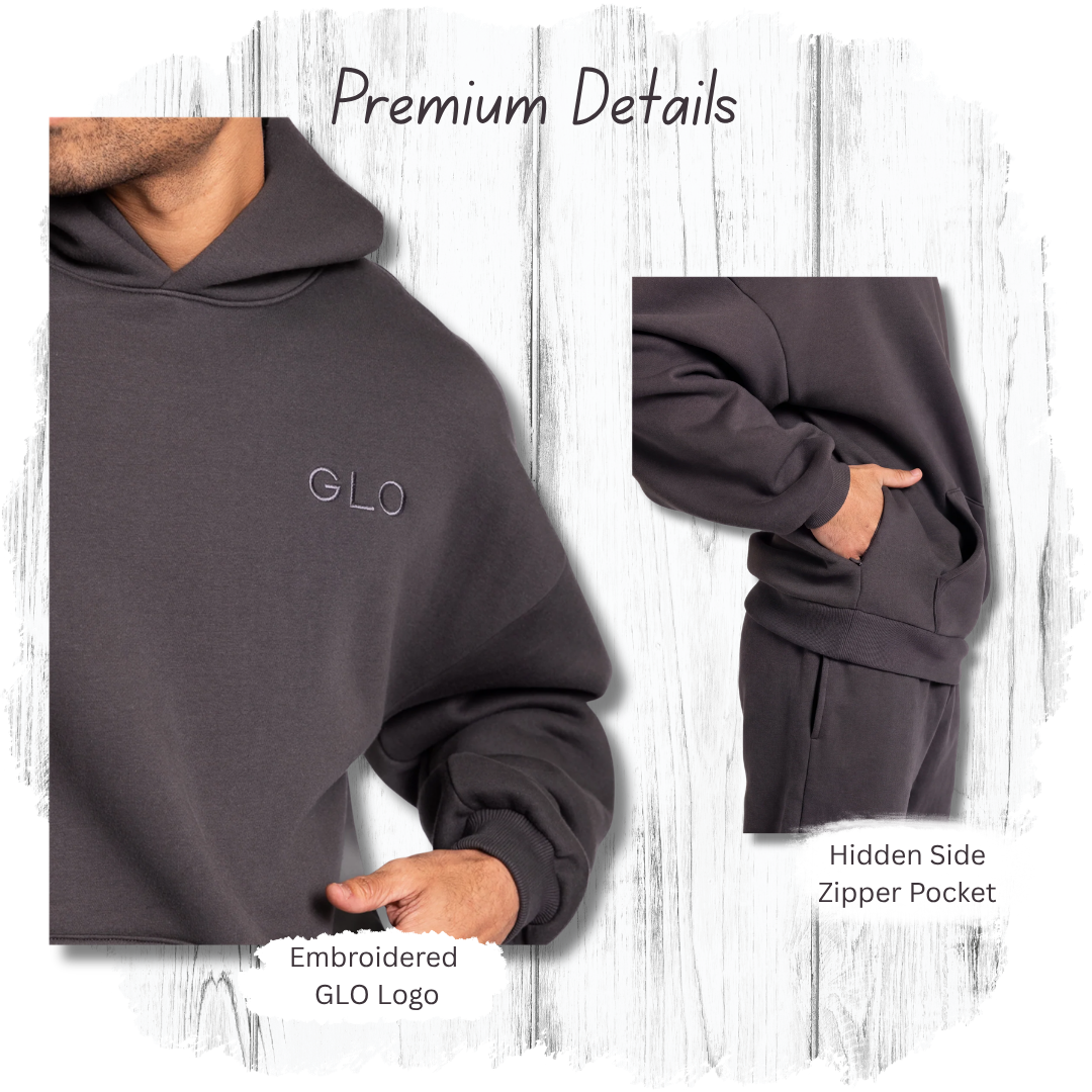 GLO Forgiven Hoodie premium details - embroidered logo and hidden zipper pocket