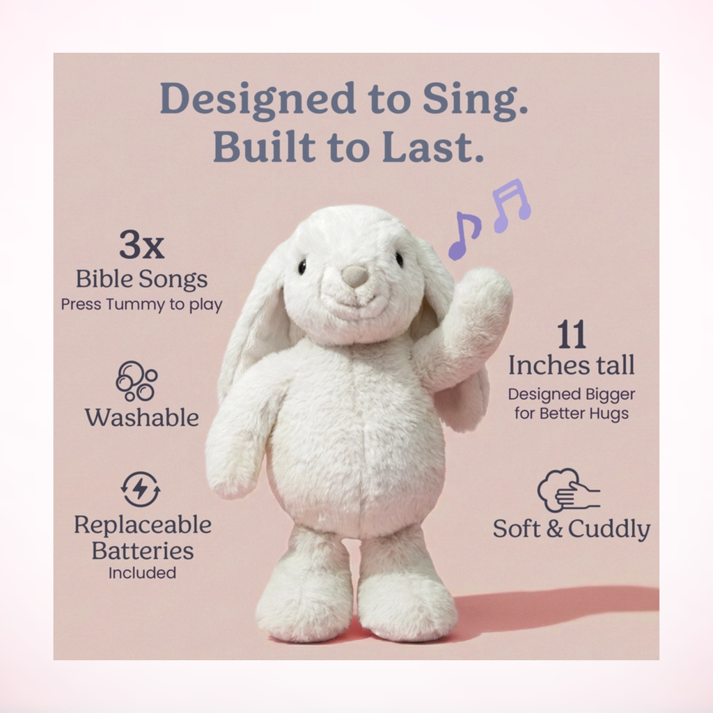 Praise Bunny plush features - plays 3 Bible songs, 11 inches tall, washable, soft and cuddly, replaceable batteries included