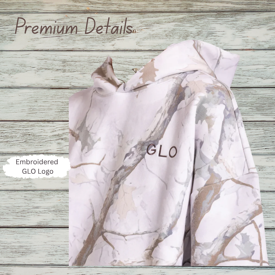 GLO Kingdom Essential Hoodie Light Camo premium details - embroidered GLO logo