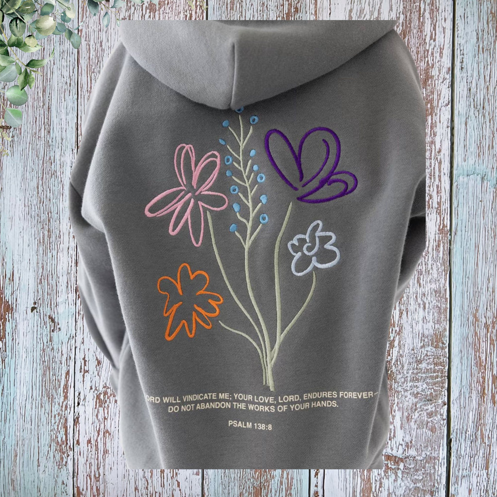 God's Working Children's Hoodie - back embroidery closeup with Psalm 138:8