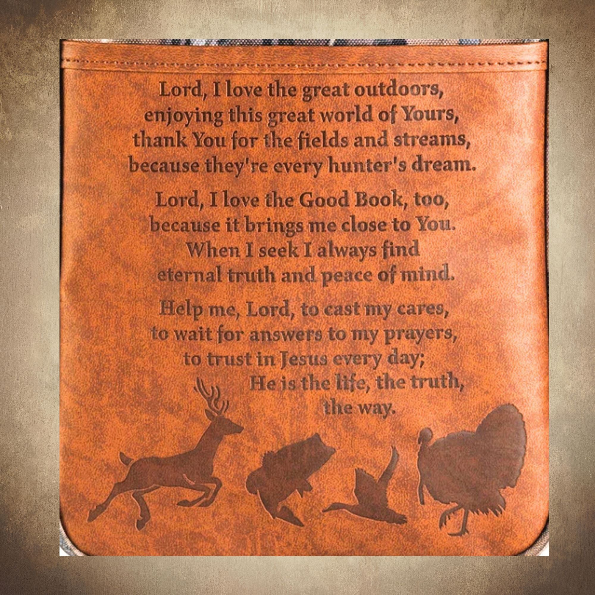 Hunters Prayer Bible Case leather front pocket close-up with embossed prayer