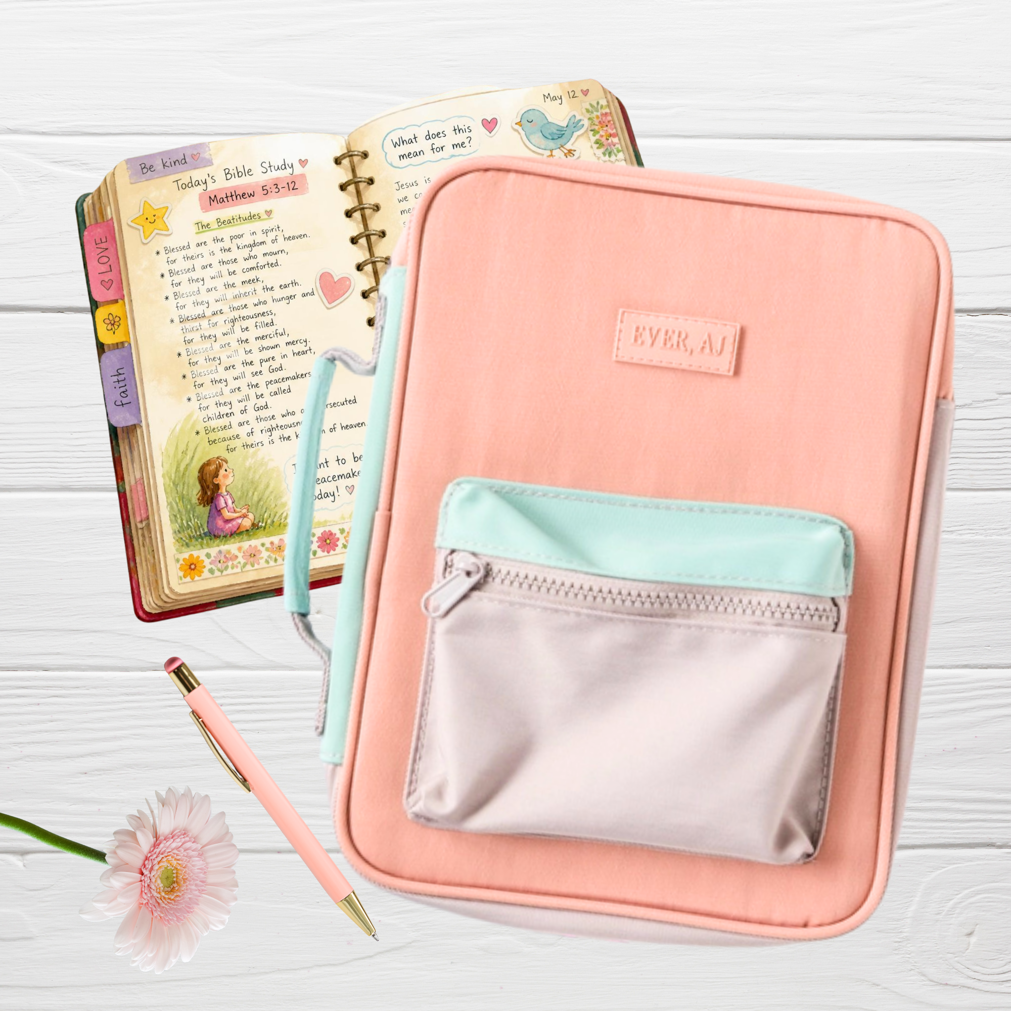 Butterfly Garden Bible Bag styled with Bible journal and pink pen