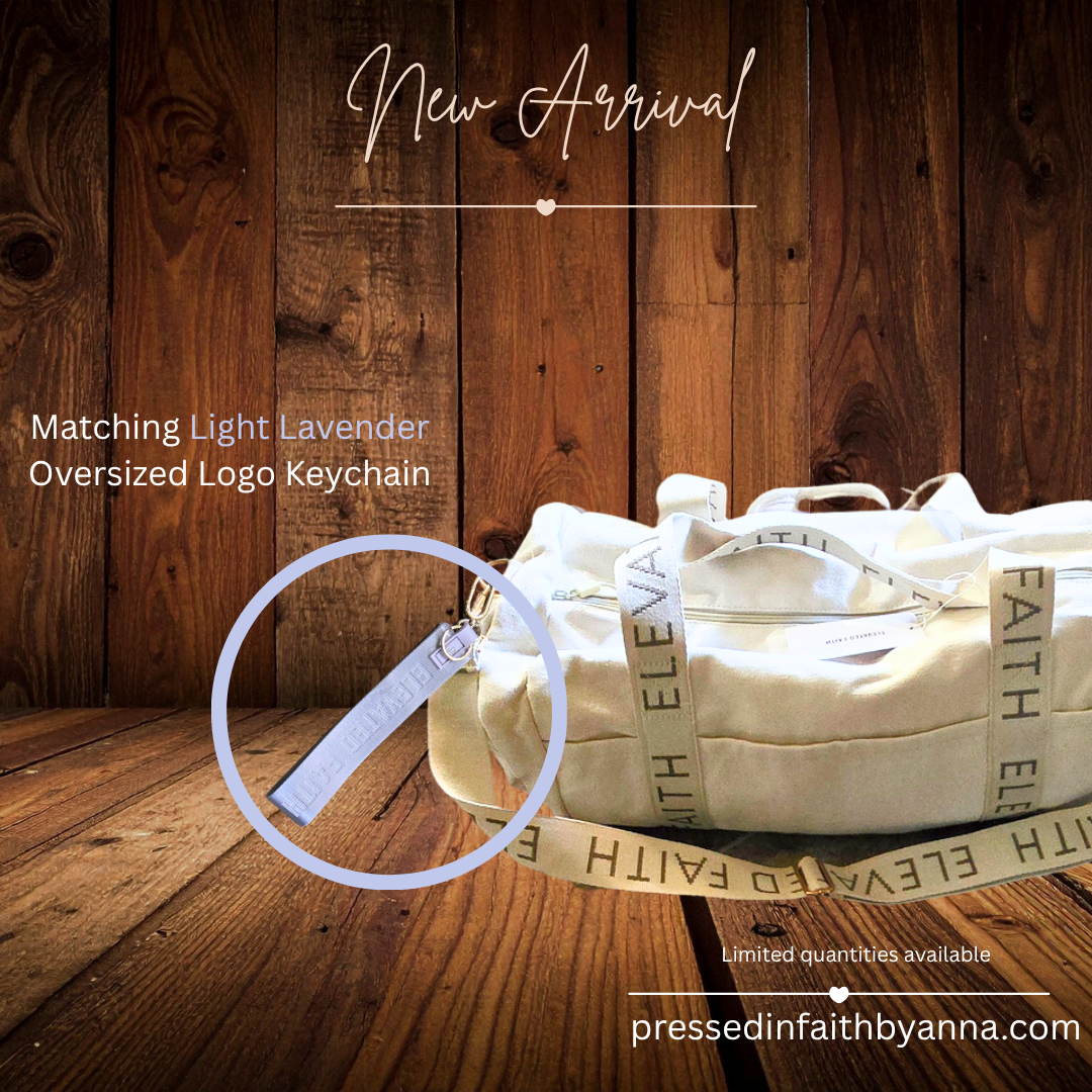 Light Lavender Oversized Logo Keychain by Elevated Faith shown with matching tote bag