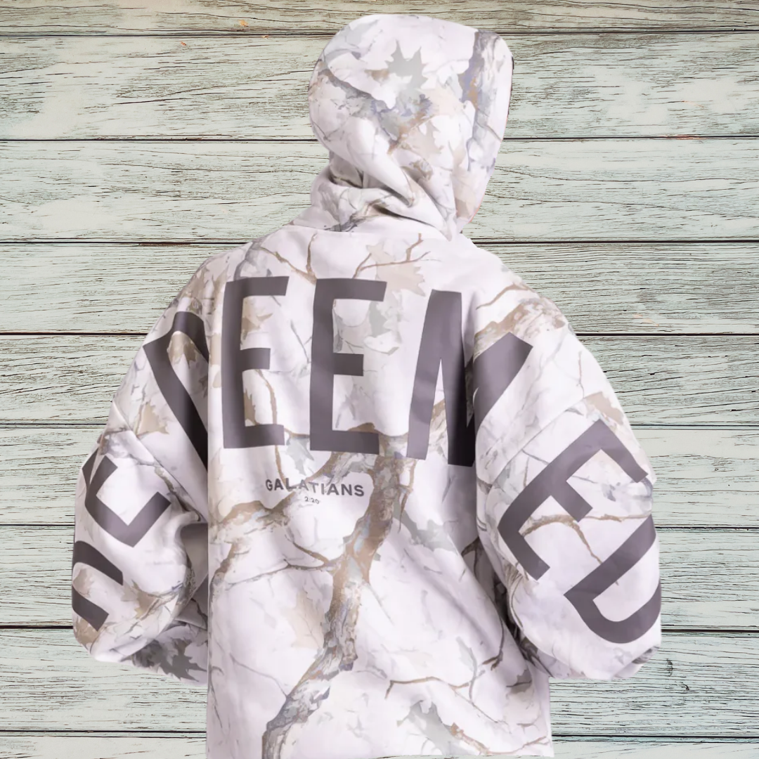 GLO Kingdom Essential Hoodie Light Camo back view showing REDEEMED lettering
