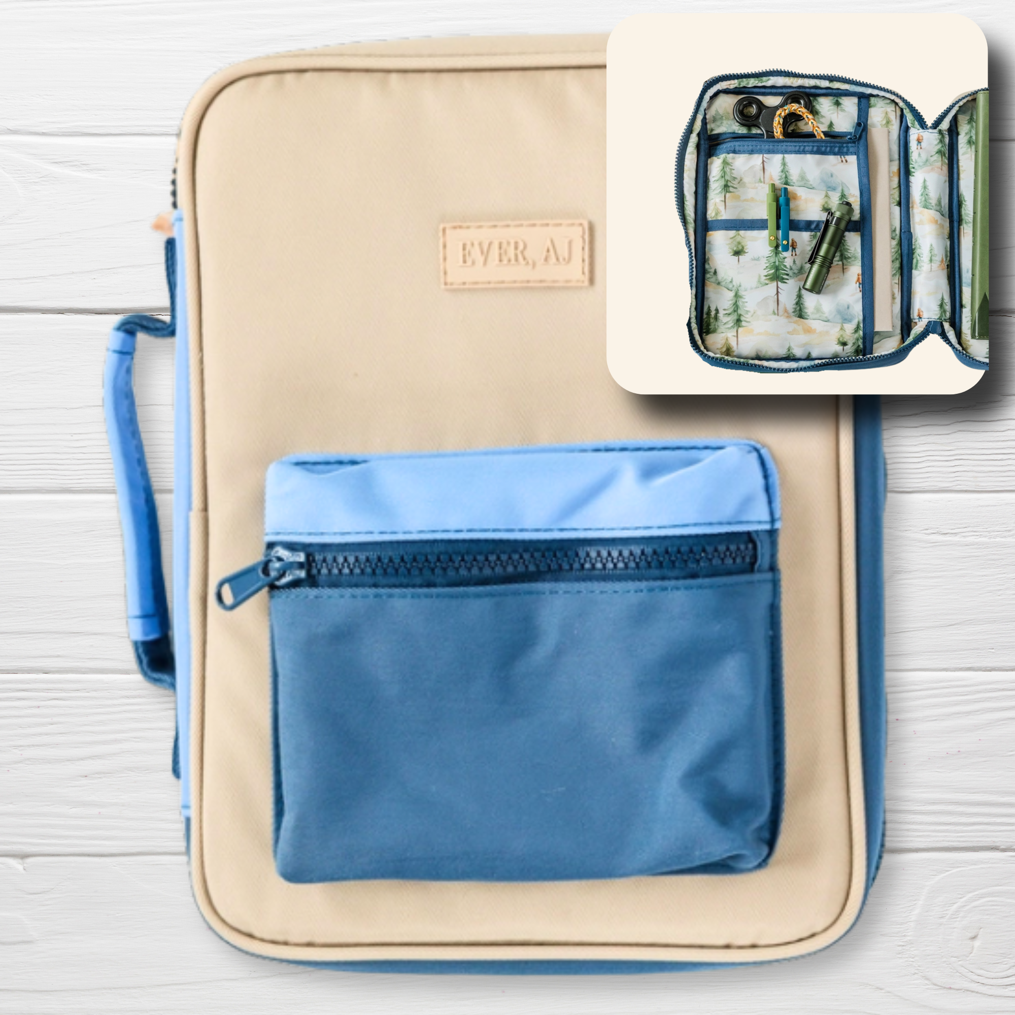 Explorer Bible Bag exterior - tan with blue accents and front zipper pocket