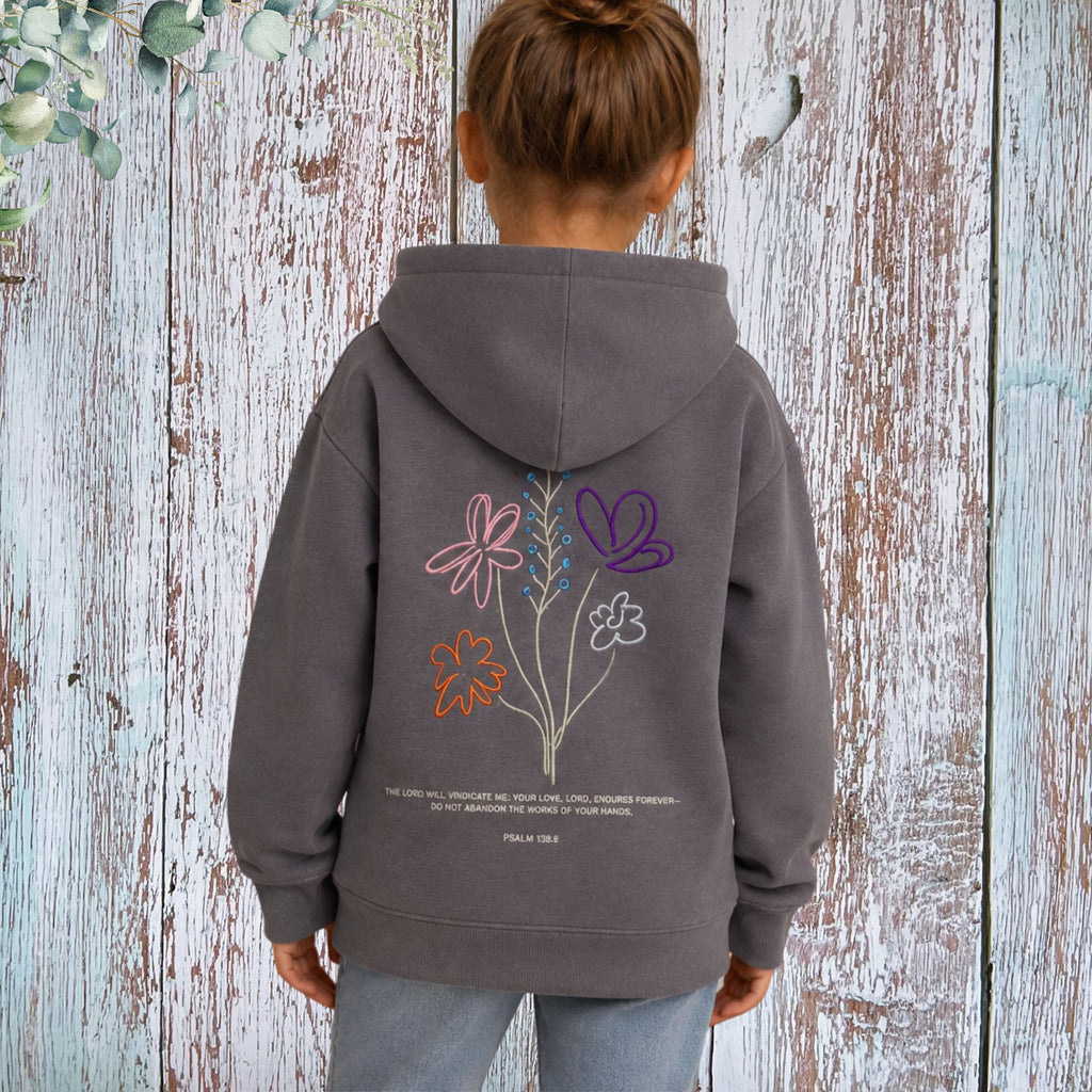 Girl wearing God's Working Children's Hoodie - back lifestyle photo