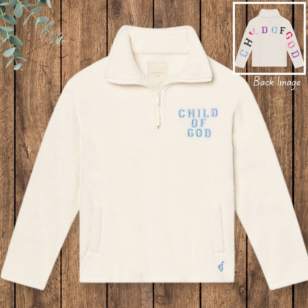 Child of God Children's Quarter-Zip Pullover - front flat lay with blue embroidery and back image inset