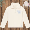 Child of God Children's Quarter-Zip Pullover - front flat lay with blue embroidery and back image inset