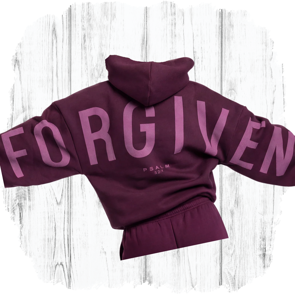 GLO Forgiven Hoodie Plum back view showing FORGIVEN lettering and Psalm 32:1