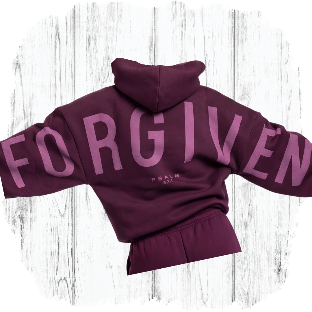 GLO Forgiven Hoodie Plum back view showing FORGIVEN lettering and Psalm 32:1