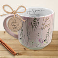 Joy and Peace blush pink floral mug with joy peace hope faith gift tag and twine bow