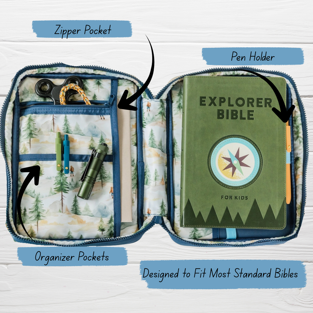 Explorer Bible Bag interior features labeled - zipper pocket, pen holder, organizer pockets, fits most standard Bibles
