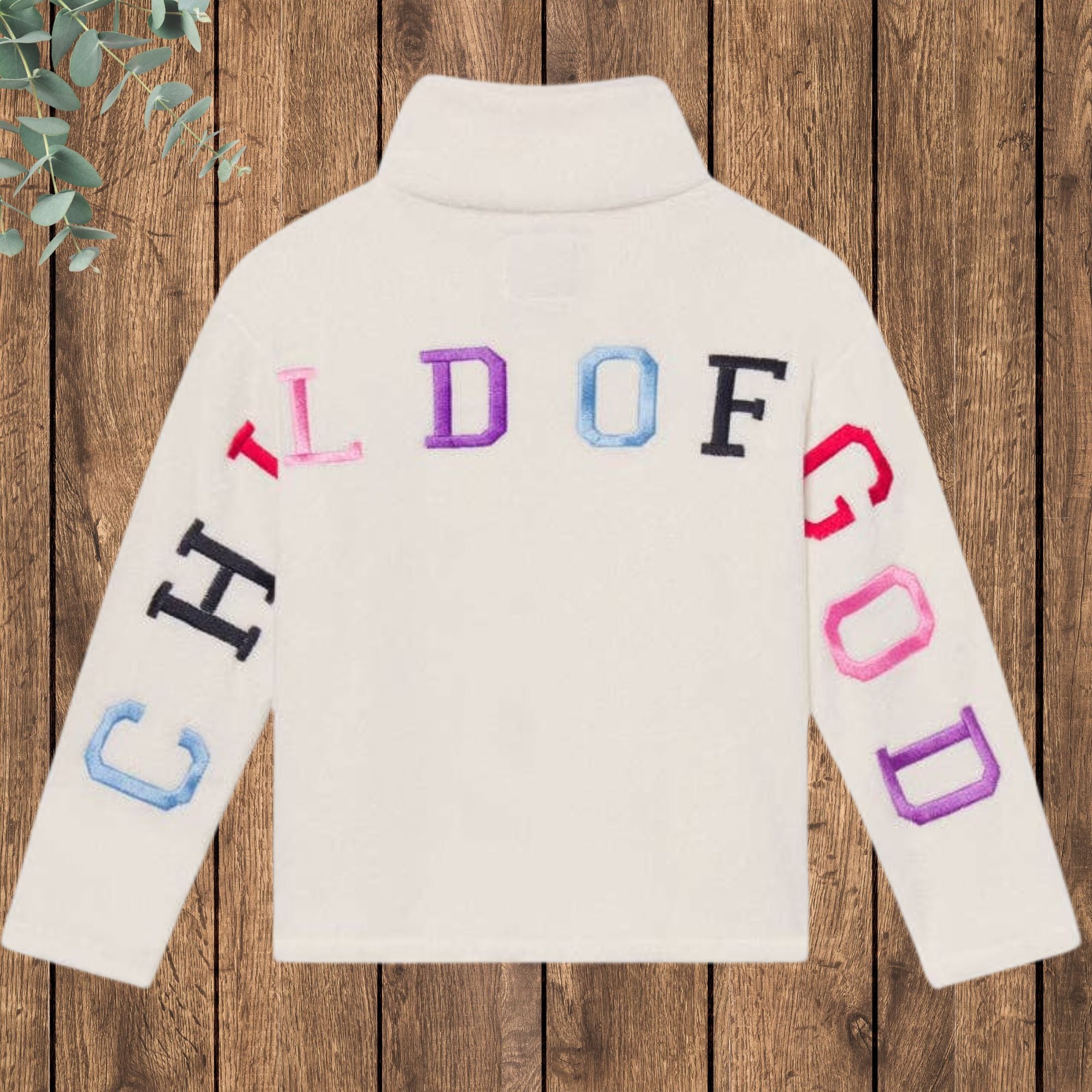 Child of God Children's Quarter-Zip Pullover - back flat lay showing colorful multi-letter embroidery on back and sleeves
