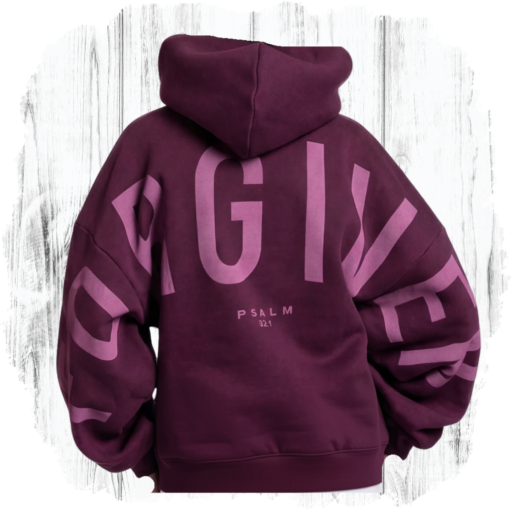 GLO Forgiven Hoodie Plum back angle view showing oversized FORGIVEN lettering on sleeves