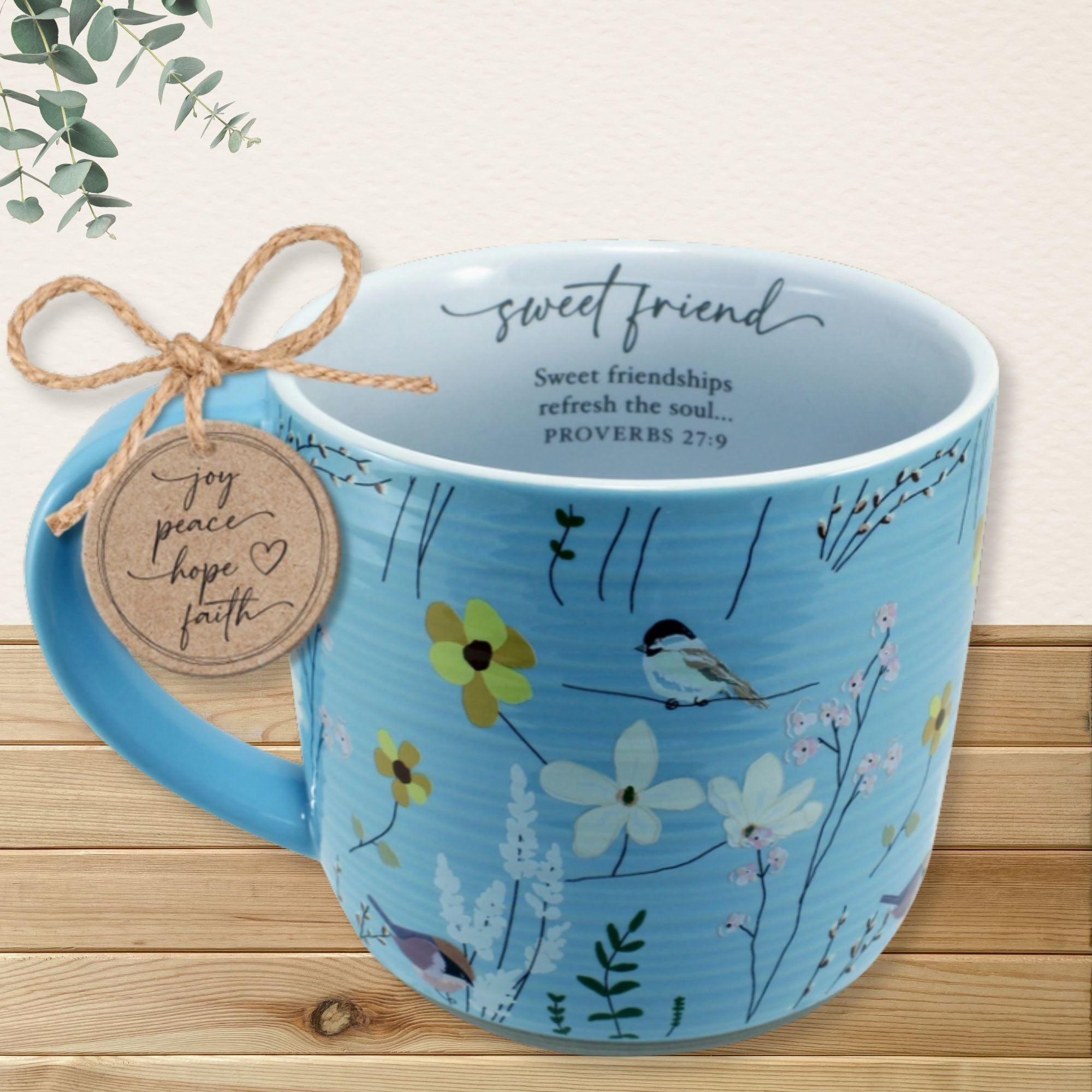 Sweet Friend blue floral mug with birds and wildflowers, joy peace hope faith gift tag and twine bow