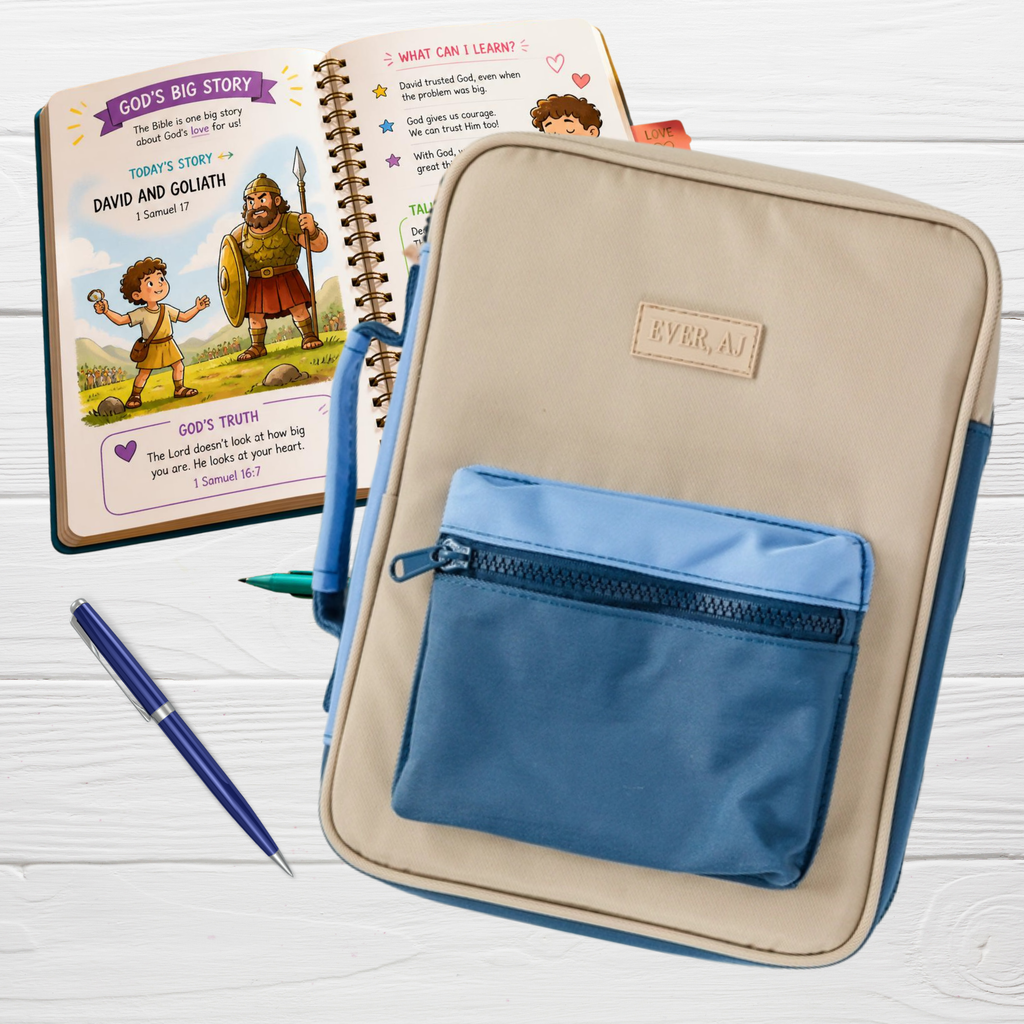 Explorer Bible Bag styled with kids Bible journal and blue pen