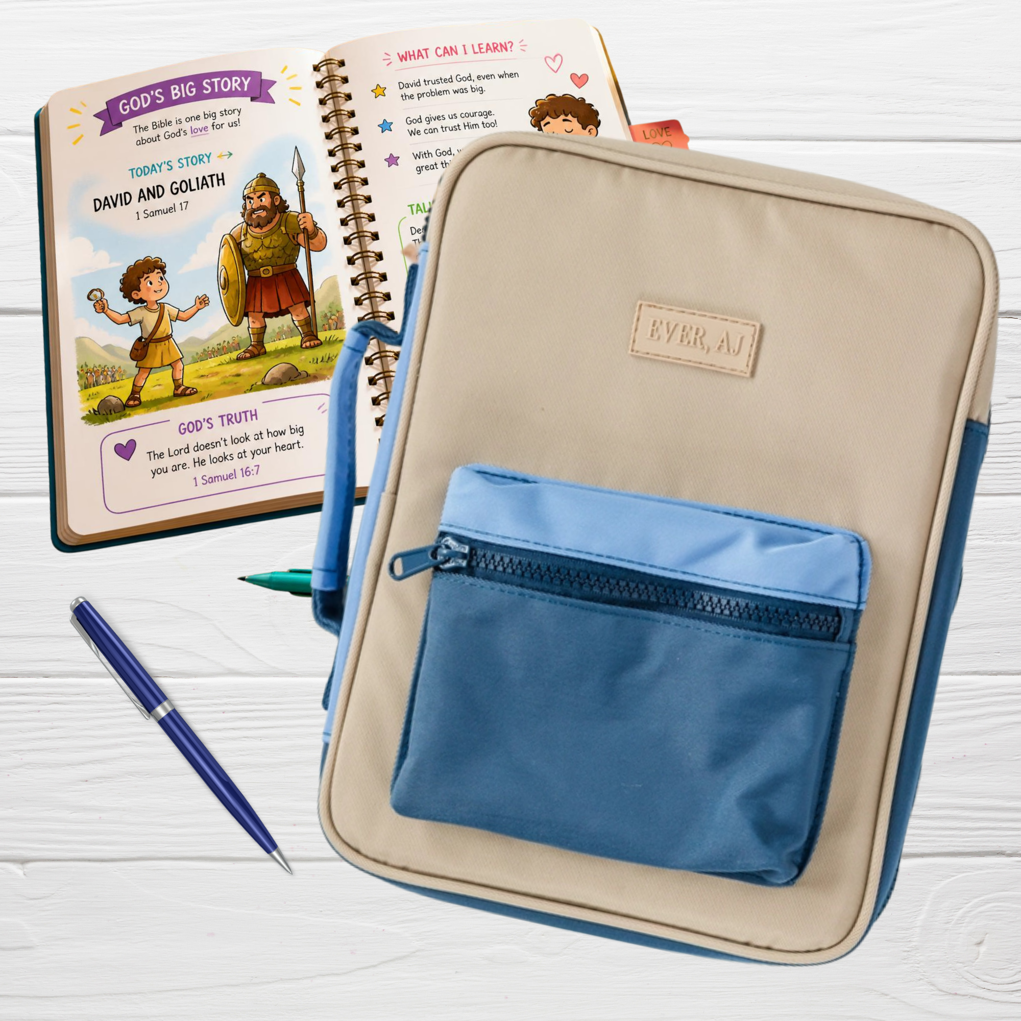 Explorer Bible Bag styled with kids Bible journal and blue pen