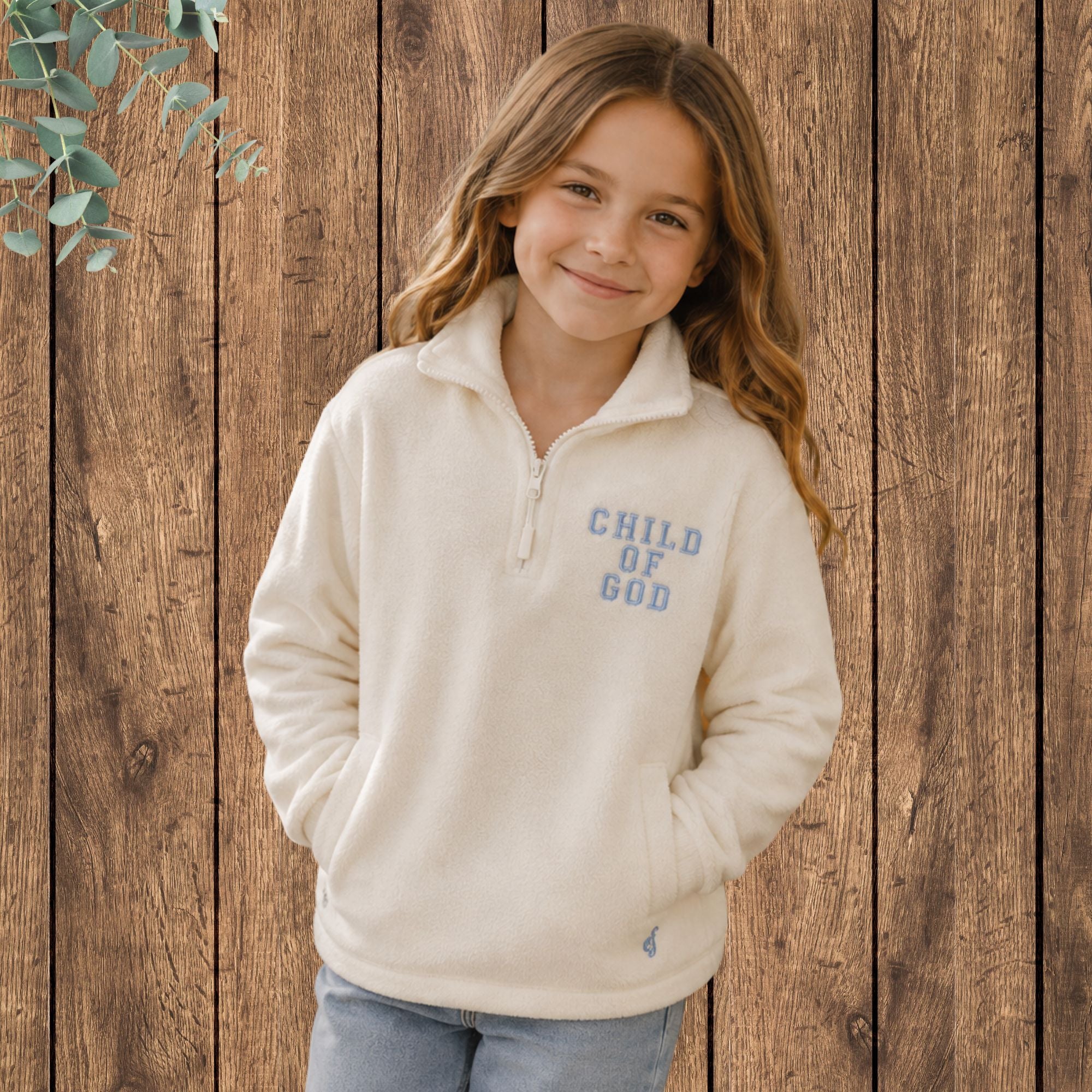 Girl wearing Child of God Children's Quarter-Zip Pullover - front lifestyle photo